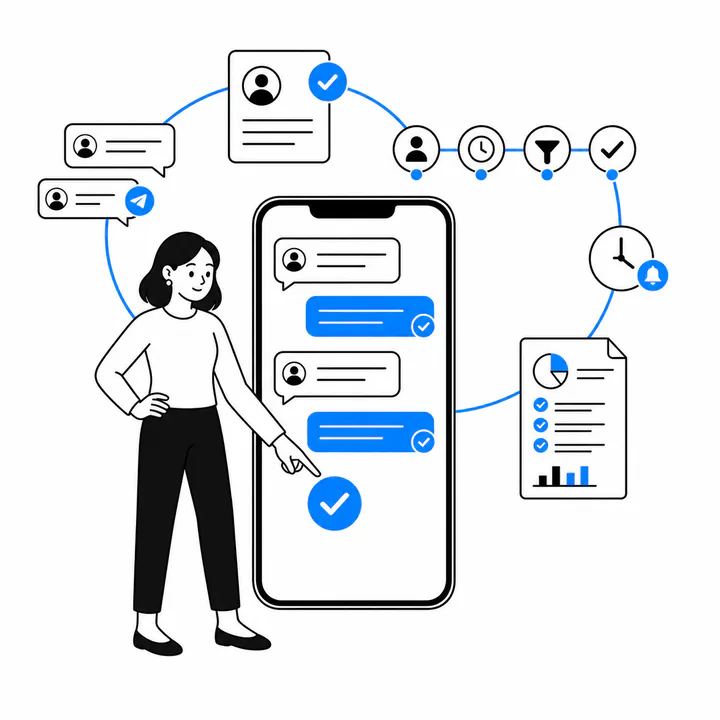 A business owner explicitly approves a Telegram reply while GramLead organizes CRM work around it