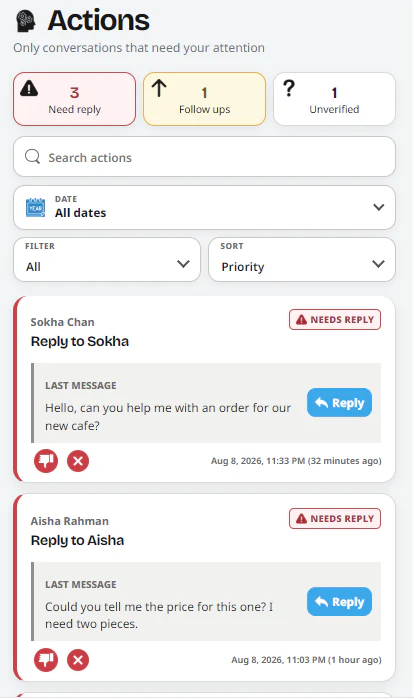 GramLead Actions showing replies and follow-ups that need attention