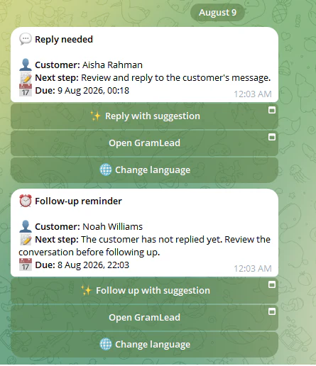 Telegram reply-needed and follow-up notifications from GramLead