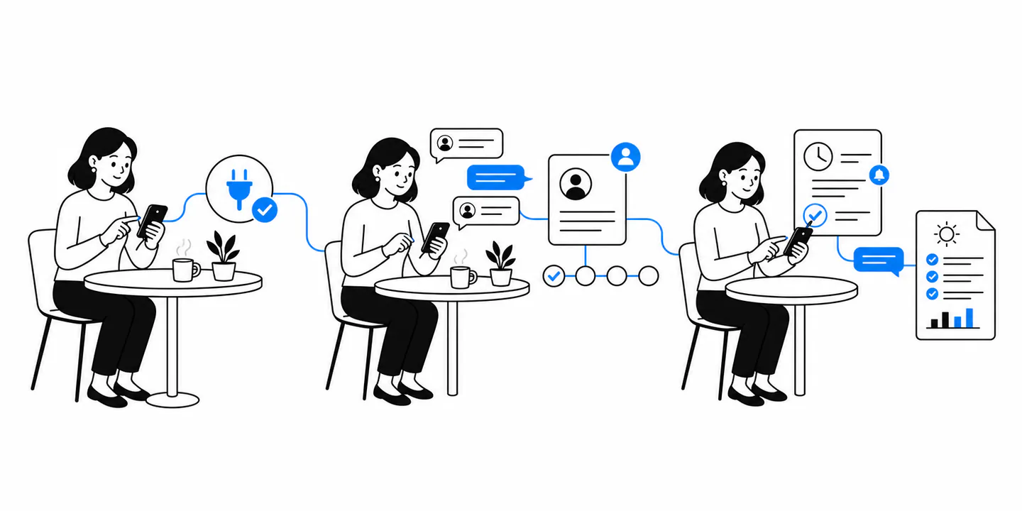 The same business owner connects GramLead, chats normally, and reviews organized follow-ups and reports